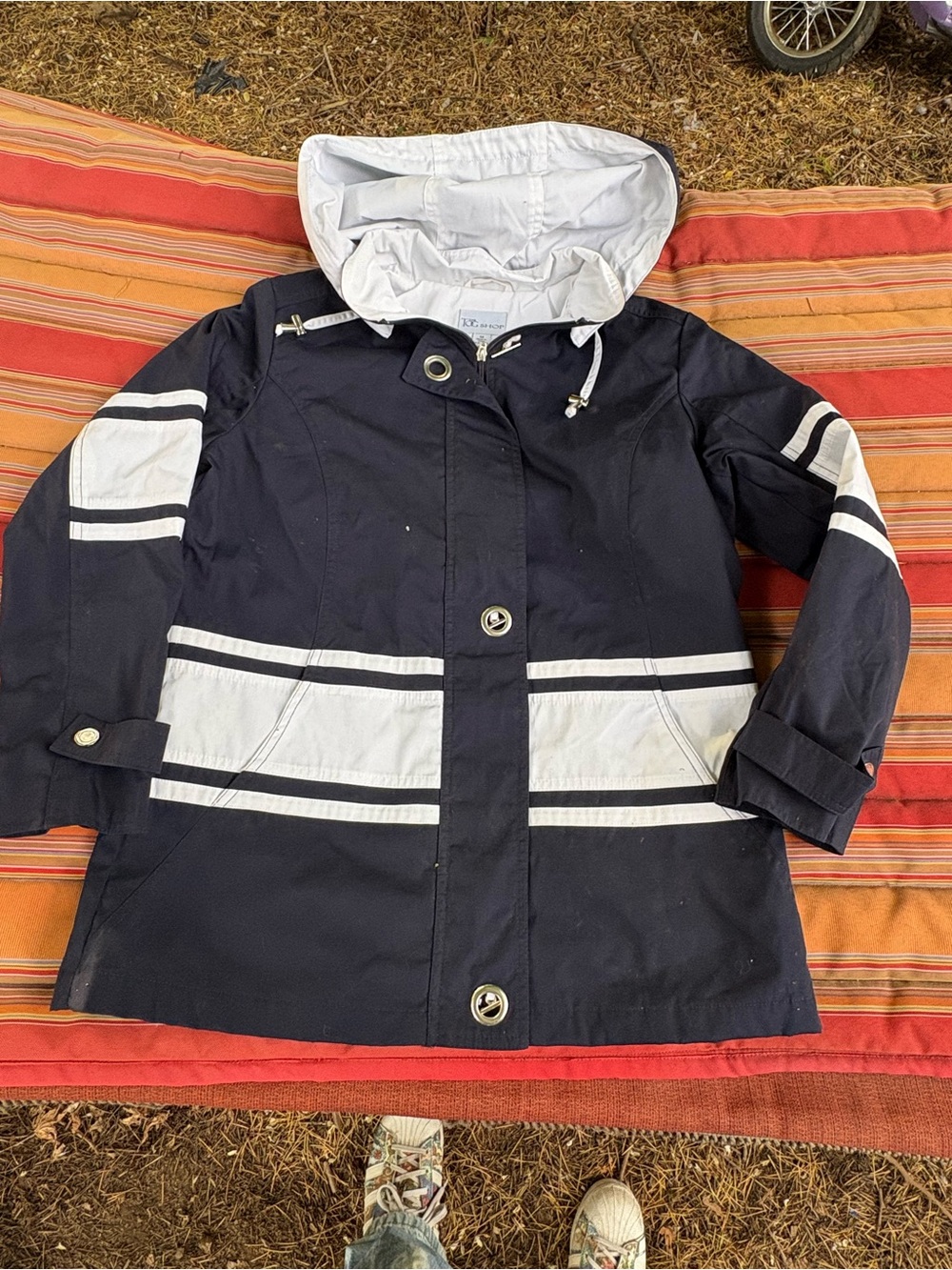 Navy and White Hooded Raincoat